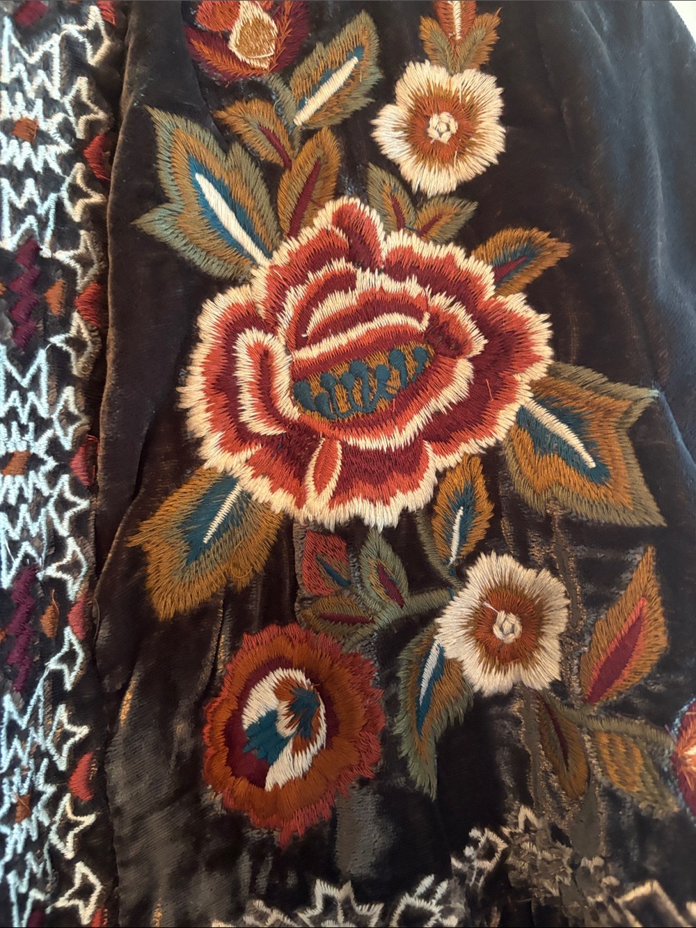 Kyla Seo Boho Embroidered Velvet Jacket - Chocolate Brown with Floral Accents - Picture 3 of 7